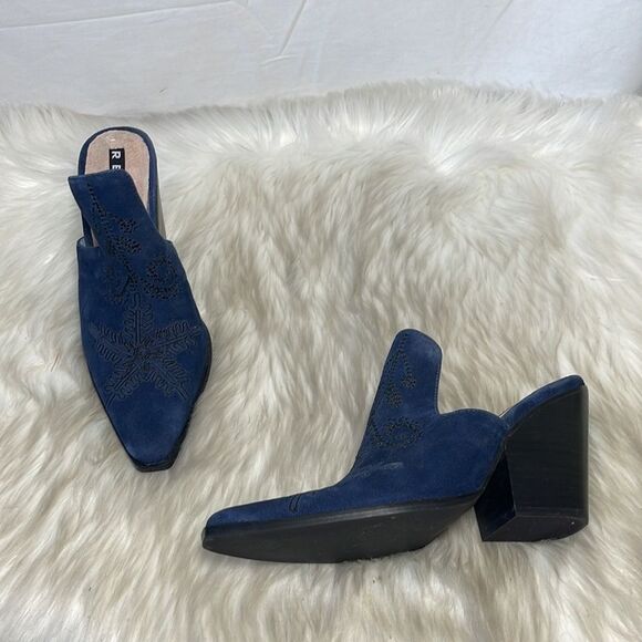 Rebel Ava Navy Suede Embroidered Chunky Heel Mules Sz 7 WIDE WIDTH - Picture 2 of 7